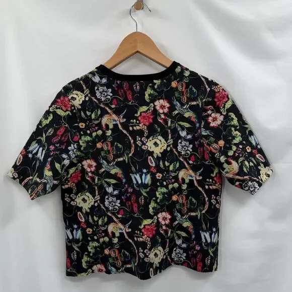 Few Moda Floral Cropped Short Sleeve Textured Knit Top in Black Multi | Large - Picture 2 of 7